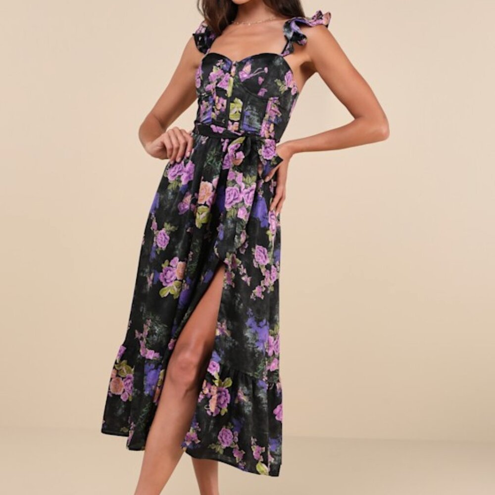 Lulus Sweet Like Sangria Black Floral Ruffled Bustier Midi Dress - Size S